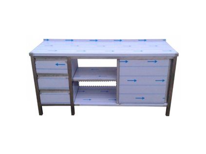 nerezovy skrinovy stul se zasuvkami a posuvnymi dvirky 2000 x 600 x 900 mm